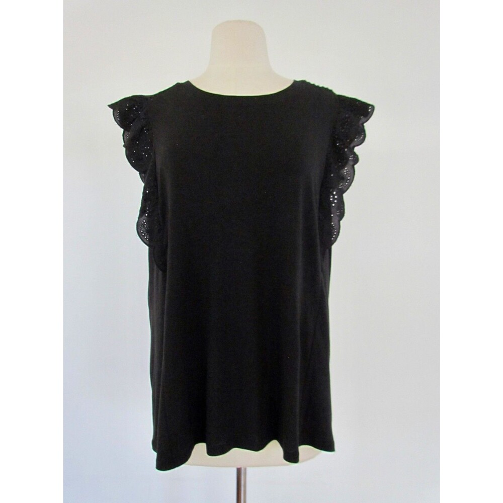 C&C California Black Cotton Eyelet Flutter Sleeve Top Women's XL Stretch Boho